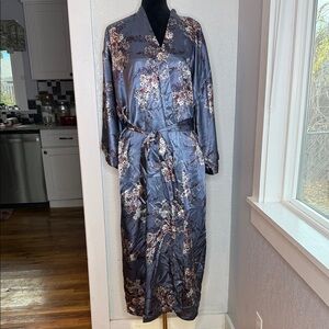 Thalia Sodi Intimates Floral Satin Kimono Robe Blue Long Silky Loungewear